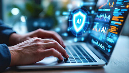 A man hands typing on a laptop keyboard, with a security shield icon in text AI and displayed on the screen