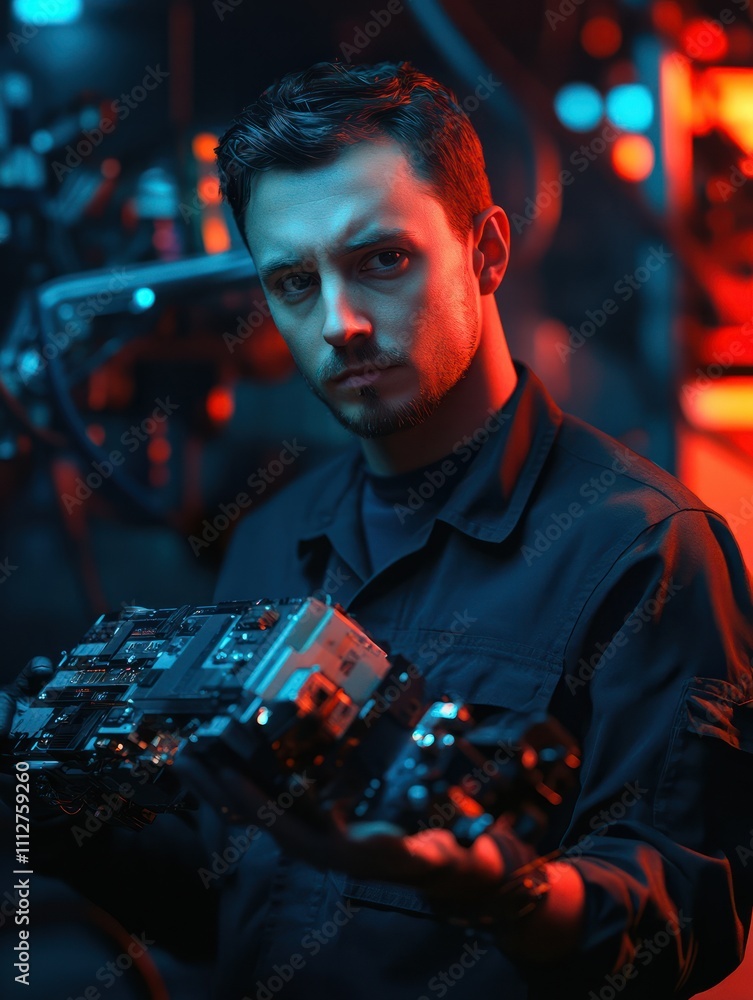 Poster male engineer holding robot controller for maintenance or repair automatic robotic machine in factor