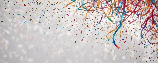 Colorful confetti and sparkling ribbons fill the air against a pristine white background, sparkling ribbons, festive atmosphere