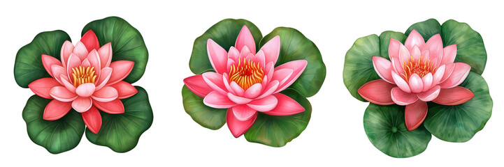 Lotus, Watercolor, Clipart. Three pink water lilies with green leaves on a transparent background.