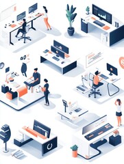 Modern office abstract concept vector illustration set. Modern workplace, health-focused IOT desks, fitness-focused lifestyle, employee happiness and well-being, activity tracking abstract metaphor.