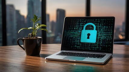 An image of a smartphone and laptop with a digital lock icon signifying cyber security in fintech