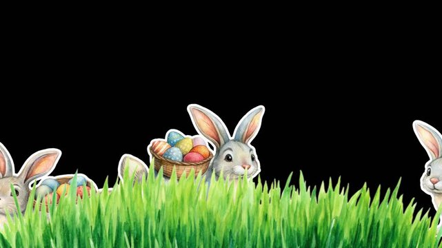 A rabbit with a basket of Easter eggs on his back gallops across the grass to the side on four legs. Easter concept. Empty space for text. Smooth animation on transparent background