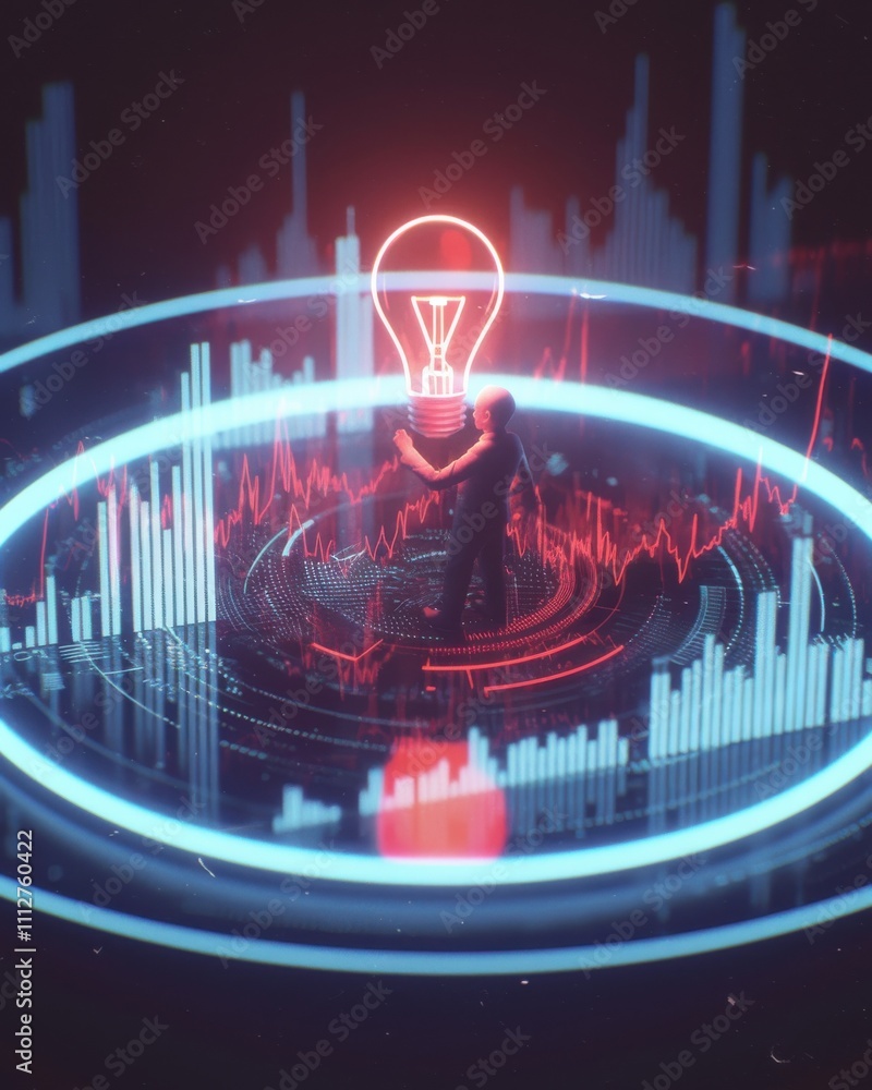 Poster businessman navigating a glowing maze of bar charts in a dynamic data visualization environment for 