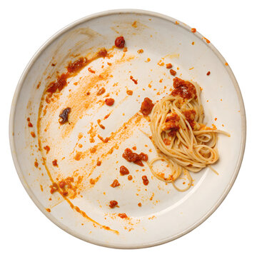 Empty Plate with Leftover Spaghetti and Sauce isolate on transparent background cutout, PNG, Cutout