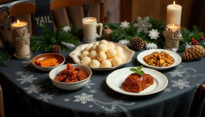 Festive table setting with Christmas decorations and various dishes.