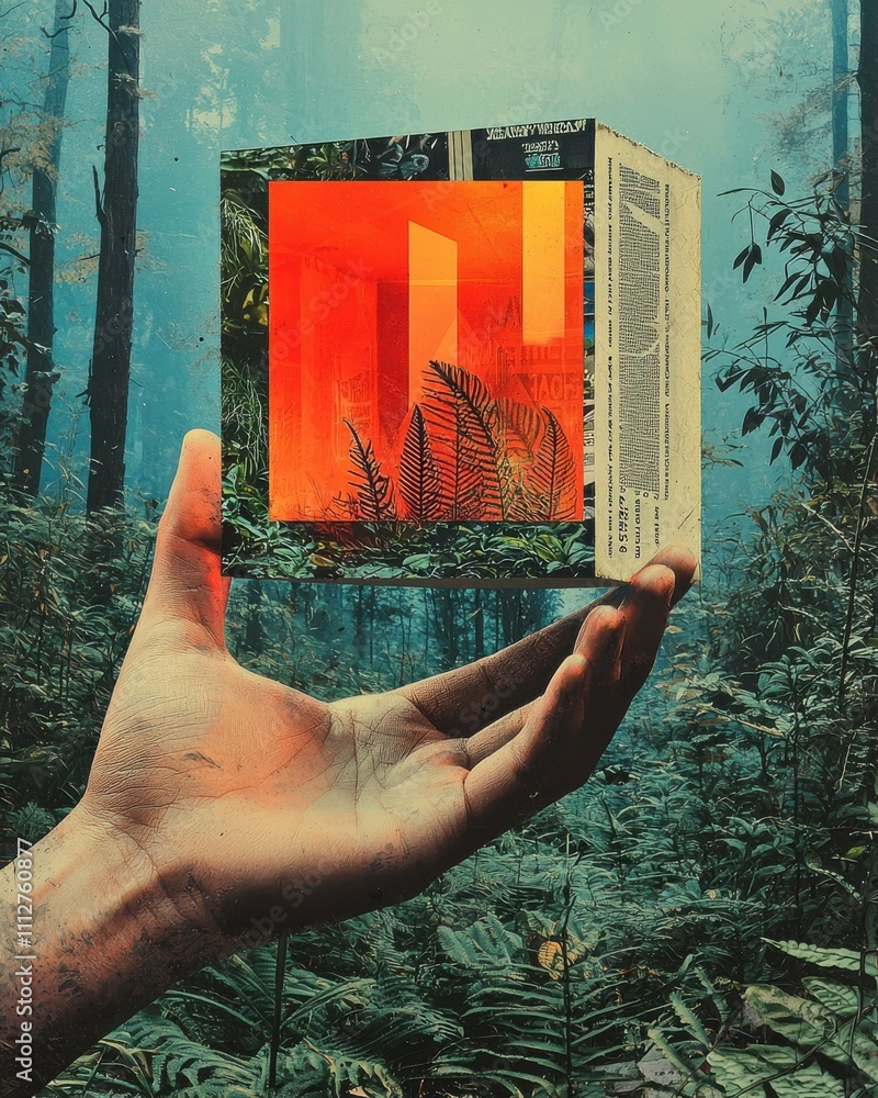 Poster Floating hand constructed from layered textures in a mystical forest environment digital art concept