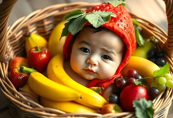 Adorable baby sitting in a realistic noodle bowl with playful props, captured in ultra-HD with vibrant colors and soft, warm lighting.
