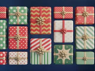 A flatlay of the set of gift boxes with bows. Colorful gifts with patterned giftwrap top view. Festive holiday background.