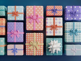 A flatlay of the set of gift boxes with bows. Colorful gifts with patterned giftwrap top view. Festive holiday background.