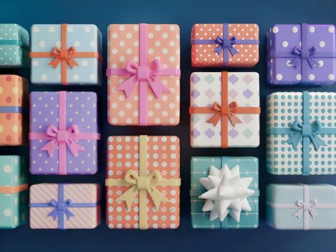 A flatlay of the set of gift boxes with bows. Colorful gifts with patterned giftwrap top view. Festive holiday background.