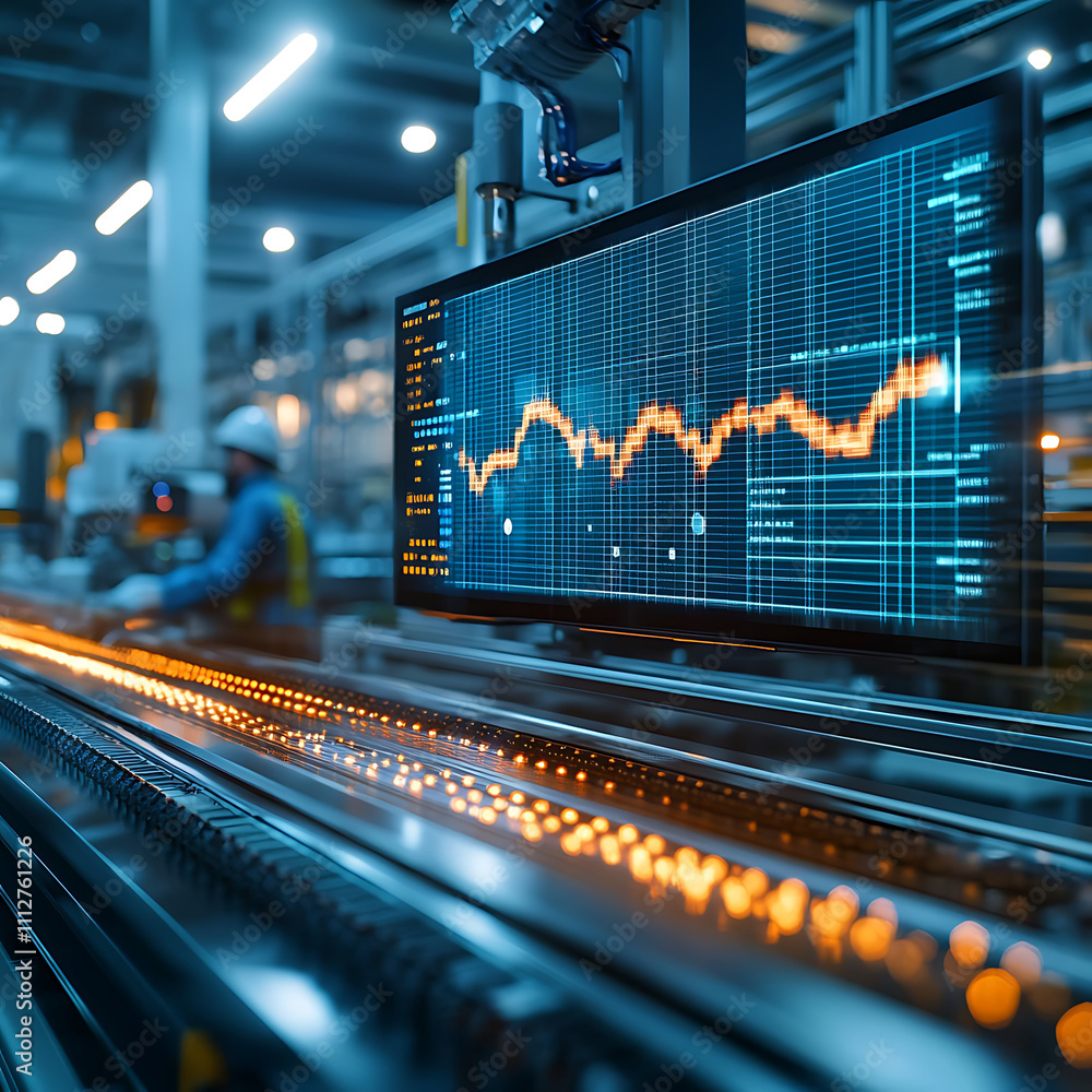 Poster industrial production line with data visualization on screen, showcasing efficiency and monitoring. 