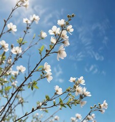 delicate petals and stems against a bright blue sky, floral pattern, floral
