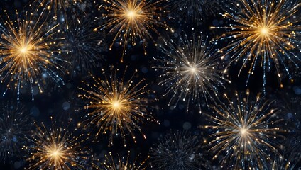 Fototapeta premium Many gold and blue fireworks explode against a dark background.