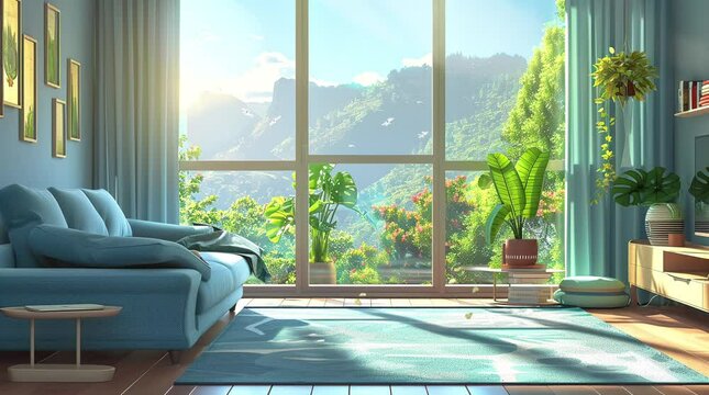 Cozy room with sofa by large window overlooking lush green landscape
Seamless looping 4k time-lapse virtual video animation Generated AI