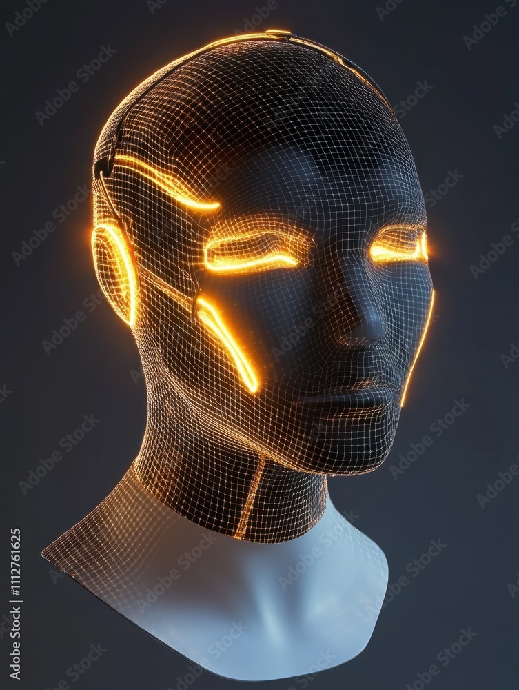 Poster robotics concept with head of robot mannequin overtightened with glowing mesh on dark blank backgrou