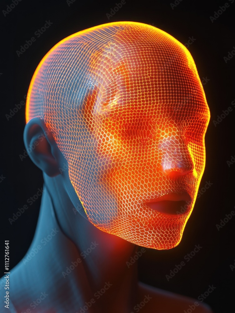 Poster robotics concept with head of robot mannequin overtightened with glowing mesh on dark blank backgrou