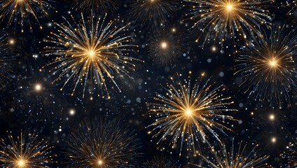 Naklejka premium Many gold and dark-blue fireworks explode against a dark night sky.
