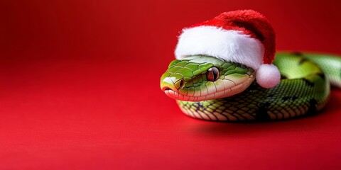 Green snake with Santa hat on red background, copy space for text
