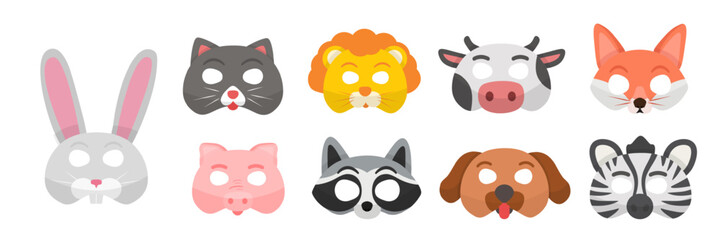 Animal masks vector illustration set. Holiday costume party, festival. Festive masquerade attributes. Rabbit, zebra, lion, cow, pig, raccoon, cat, dog and fox.