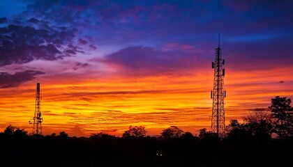 Fototapeta premium Scenic landscape with a telecommunications tower at sunset, colorful clouds in the sky, and a modern touch of technology and beauty