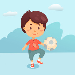 Boy play in soccer. Child playing with football ball. Cartoon isolated cheerful kid dribbling ball outside to practice game. Flat vector illustration.