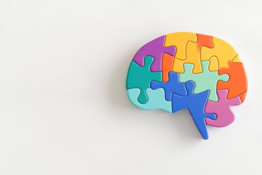 Colorful puzzle piece shapes a brain representing autism awareness on a white background promoting understanding and acceptance