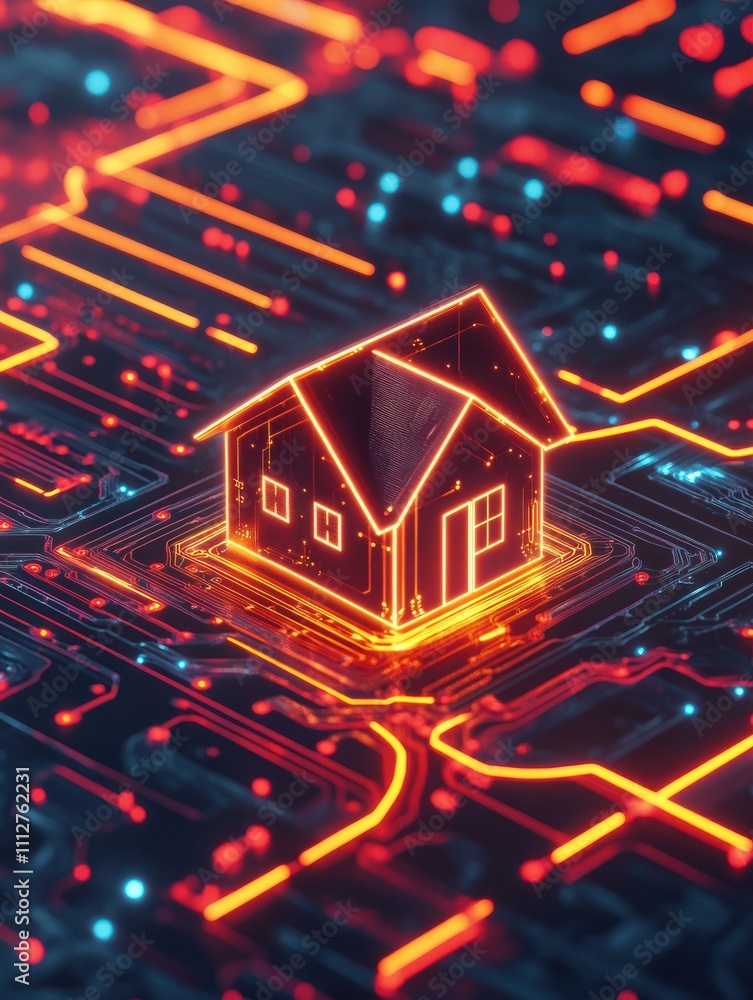 Poster smart system management and smart home technologies concept with glowing digital home icon surrounde