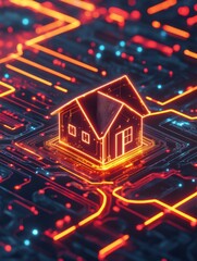Smart system management and smart home technologies concept with glowing digital home icon surrounded by circuit lines, IOT on dark background. 3D rendering