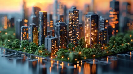 Obraz premium Futuristic green cityscape illuminated with clean energy at sunset: embracing net-zero transformation