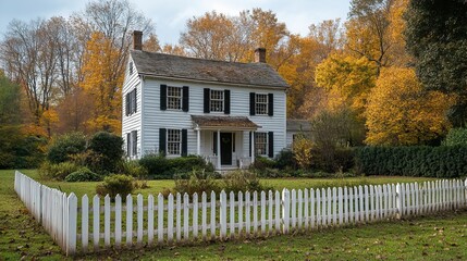 a white picket fence encircles this historic colonial style home which is located in a residential neighborhood in a historic town