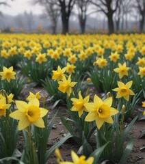 Field of bright yellow daffodils swaying gently in the breeze on a cloudy day with a few scattered leaves, spring, landscape, cloud