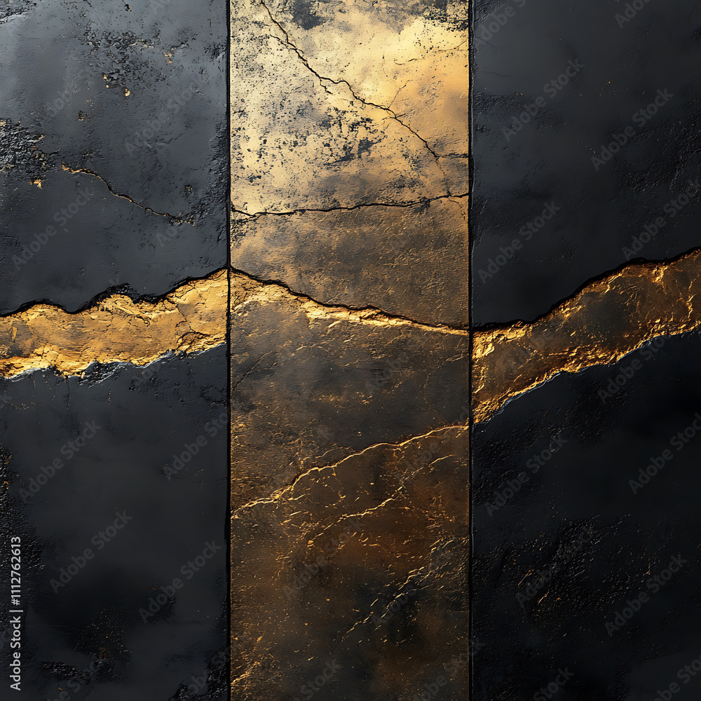 Poster luxurious black and gold abstract texture with cracks and highlights, creating striking visual contr