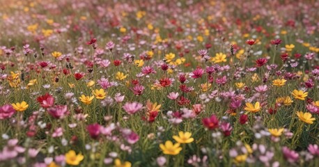 Fototapeta premium Field of vibrant wildflowers with a mix of pink and yellow petals swaying gently in the breeze, landscape, nature