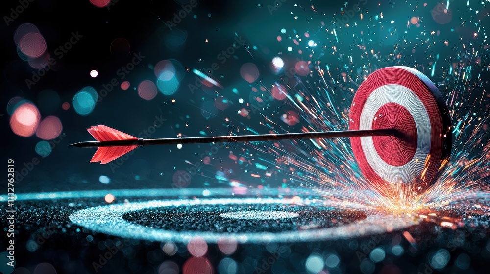 Poster an abstract image of a glowing target with an arrow hitting the bullseye, surrounded by bursts of co