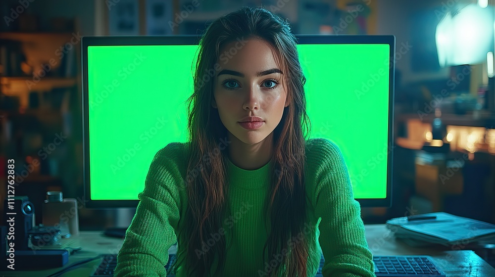 Poster a young caucasian woman is working on a green screen chroma key desktop computer at her night office coders typing code developing contemporary software designing e commerce application