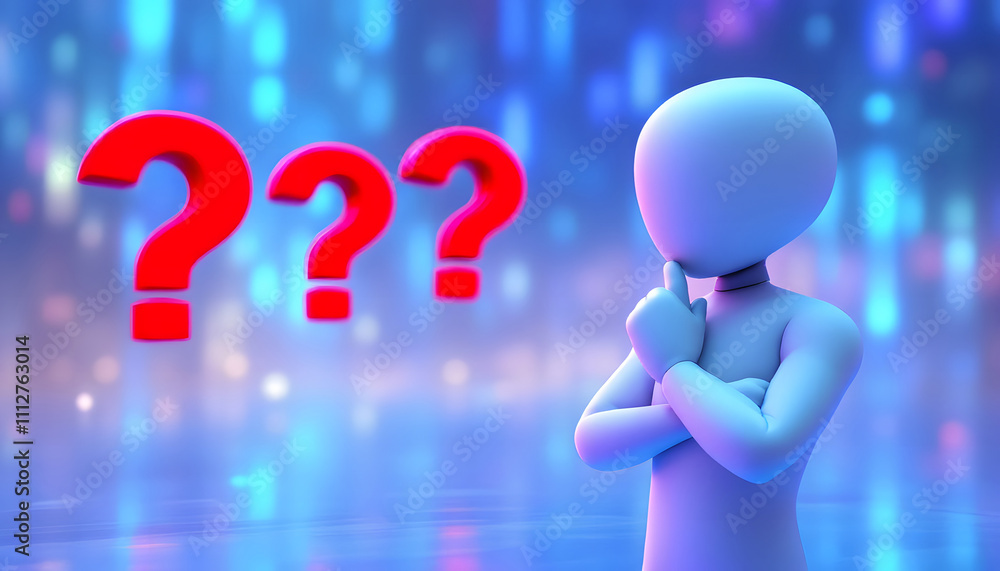 Poster 3d thinking character with question marks, concept of curiosity and problem solving