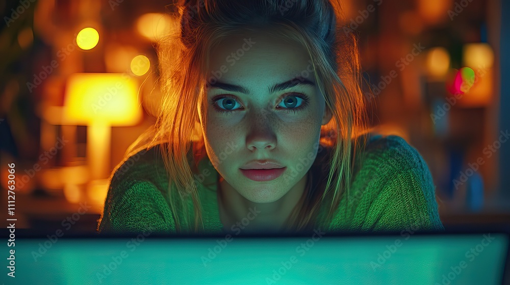 Poster a young caucasian woman is working on a green screen chroma key desktop computer at her night office coders typing code developing contemporary software designing e commerce application