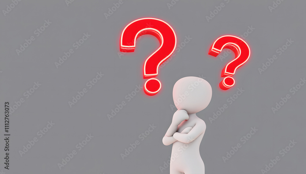 Poster 3d thinking character with question marks, concept of curiosity and problem solving