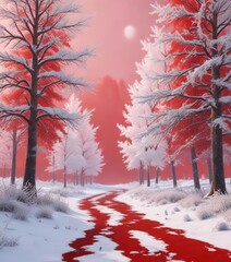 Frosty winter scene with snow-covered trees and red background , snowy landscape, serene atmosphere, white paper trees