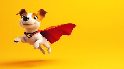 A cute cartoon dog dressed as a superhero flies through the air.