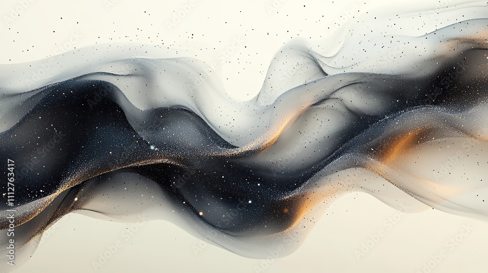 Poster abstract banner featuring a fluid liquid shape in a classic black and white theme intertwined with a modern twist of gradient color dots suggesting advanced technolog