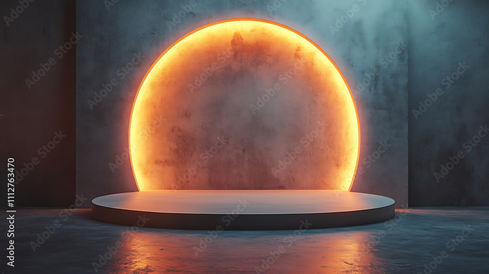 Poster modern podium stand with abstract background featuring glowing circular light. ambiance creates dram