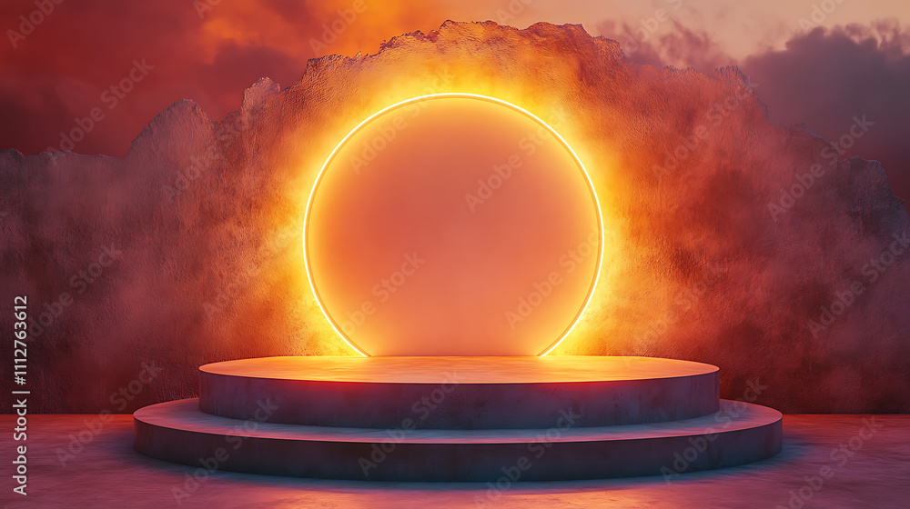 Poster vibrant abstract background featuring glowing circular podium, ideal for product placement or presen