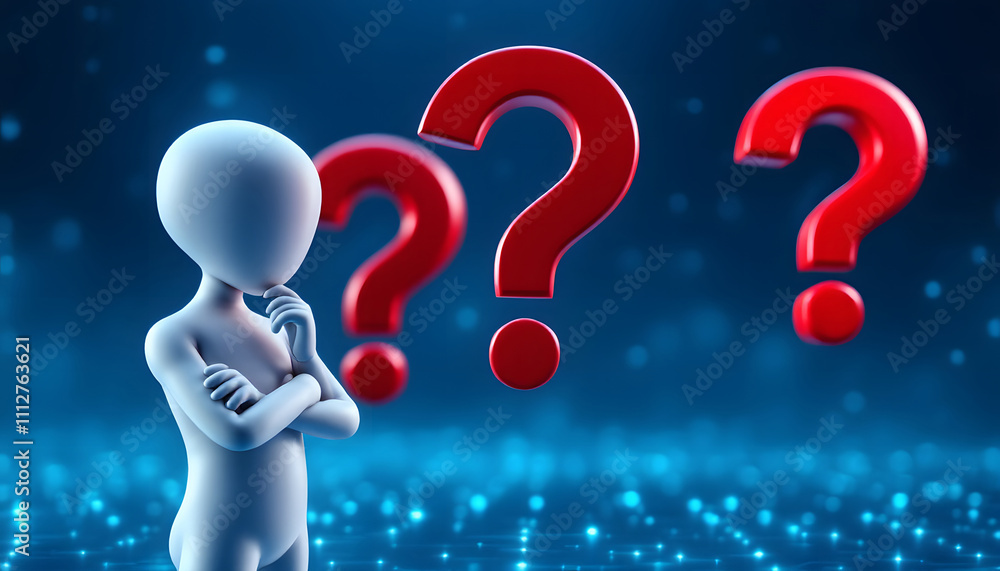 Poster 3d thinking character with question marks, concept of curiosity and problem solving