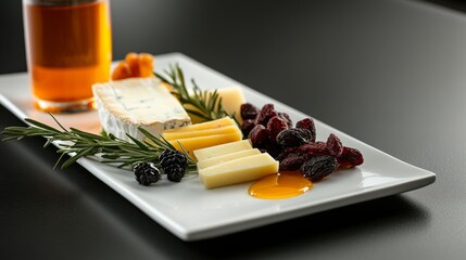 Elegant Cheese Platter with Gourmet Cheddar, Brie, Blackberries, and Honey Accompanied by a Glass of Amber Wine on a Modern Black Surface