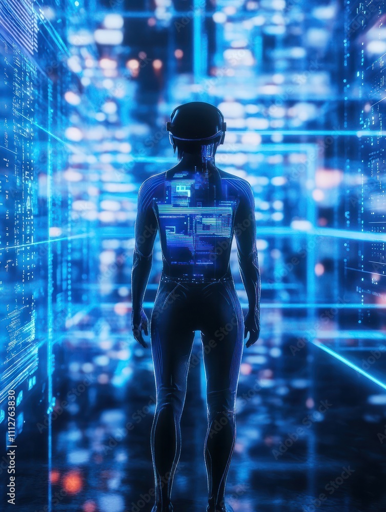 Poster working and surfing in virtual reality and cyber space concept with back view on human in sport suit