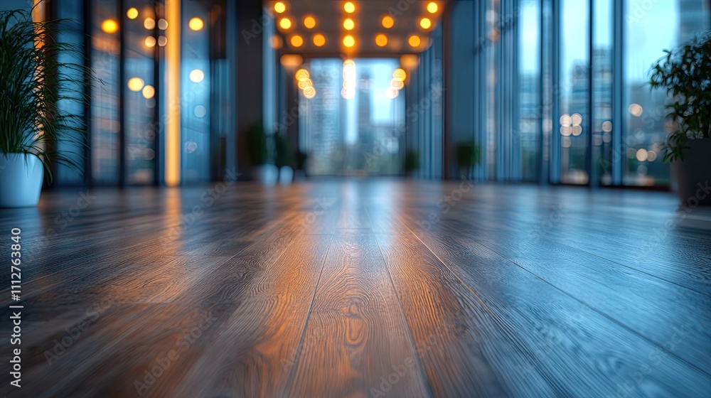Poster abstract light bokeh in office interior background for design blurred empty open space office for backgroun
