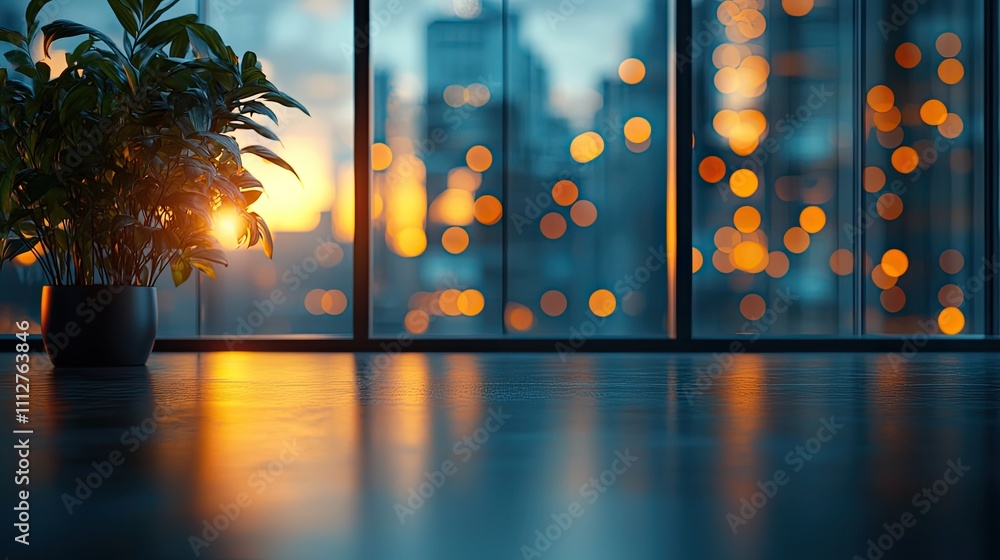 Poster abstract light bokeh in office interior background for design blurred empty open space office for backgroun