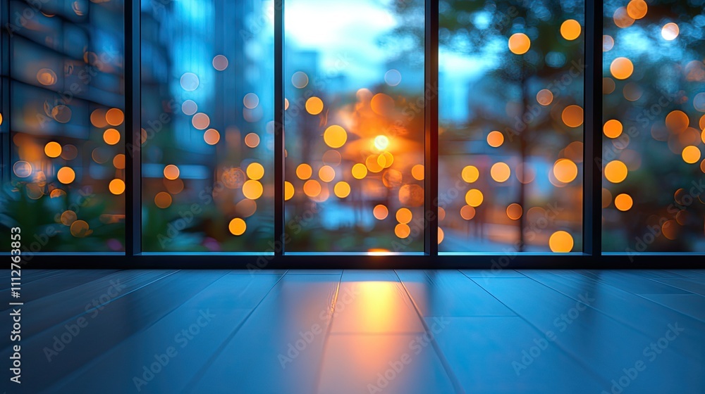 Poster abstract light bokeh in office interior background for design blurred empty open space office for backgroun